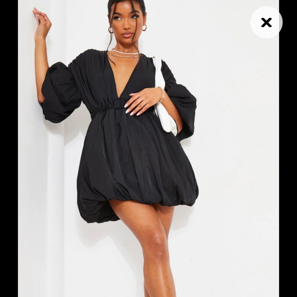 Black Puff Sleeve Puffball Hem Shift Dress